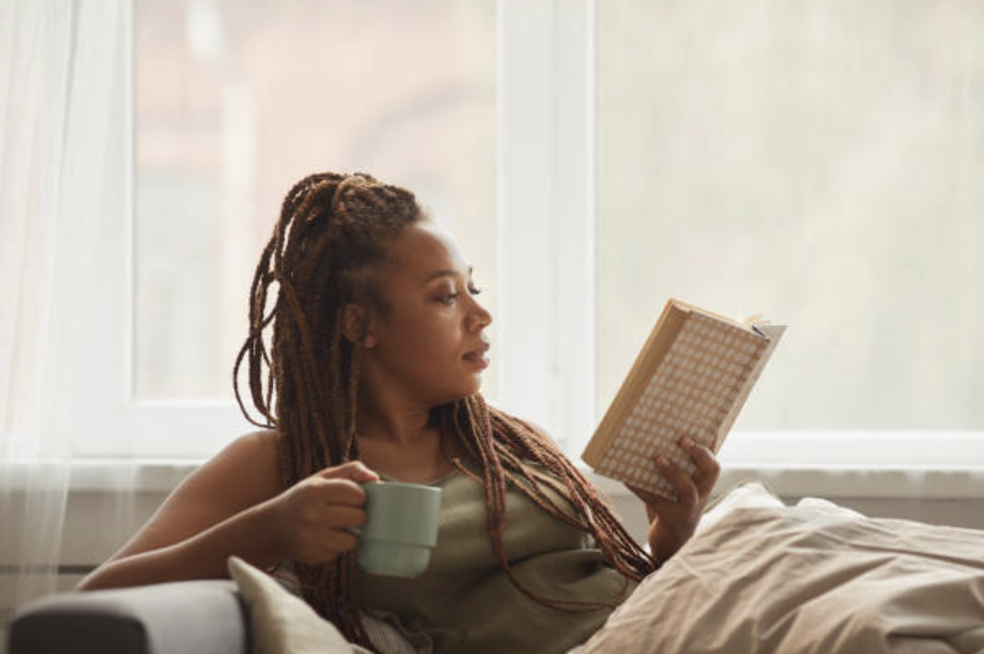 Woman reading book for mental health